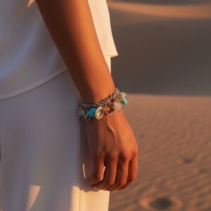 Silver Charm Bracelet with Turquoise and Amber Accents - Women's Jewelry